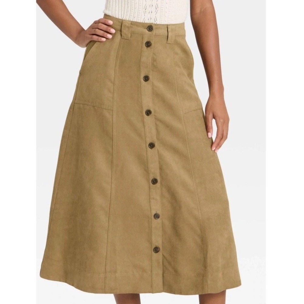 Women's Faux Suede Midi A-Line Skirt - Universal Thread Olive Green 12